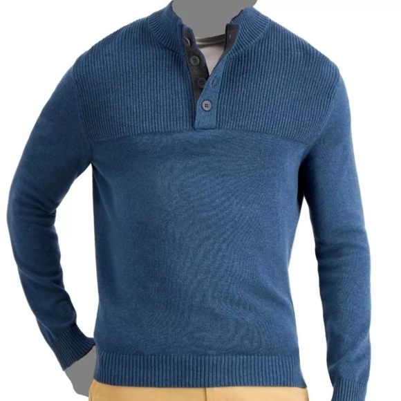 Club Room Men's Ribbed Four-Button Sweater, Blue Wing Hthr, Size XL NWT - Picture 1 of 16
